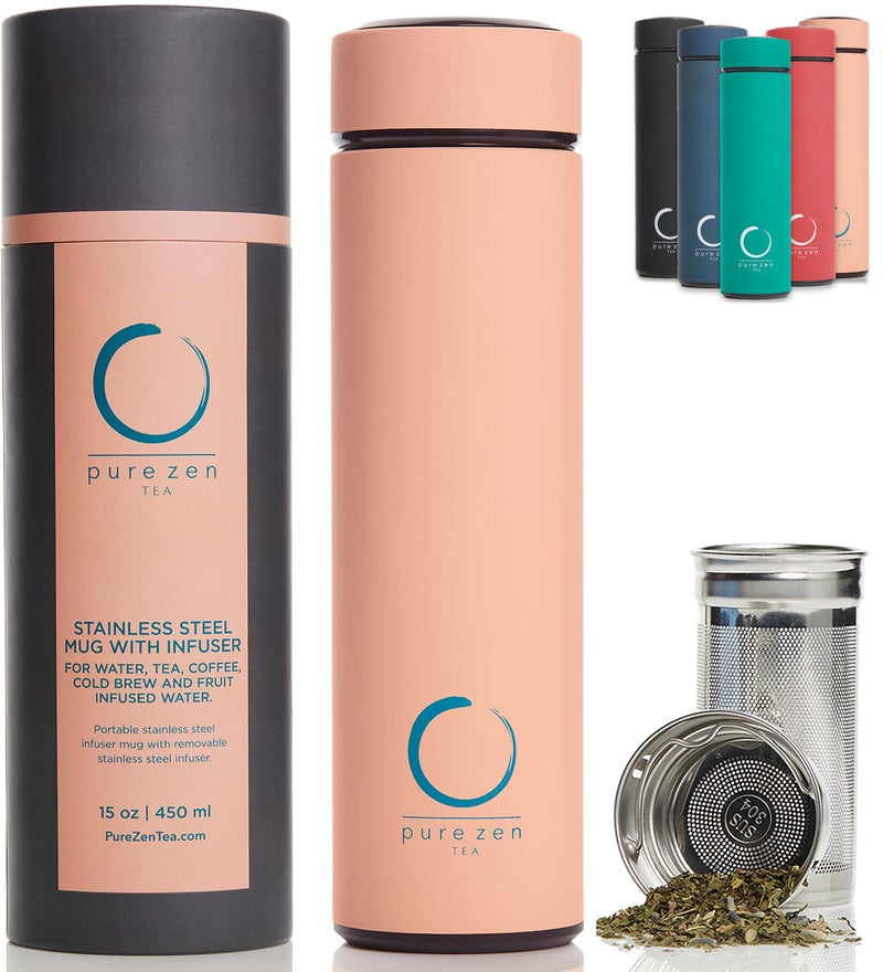 Pure Zen Tea Thermos with Infuser for Hot and Cold Infusions - Stainless Steel - Tea Infuser Bottle - Leakproof Travel Mug with Filter - 15oz - Pink - Image 1